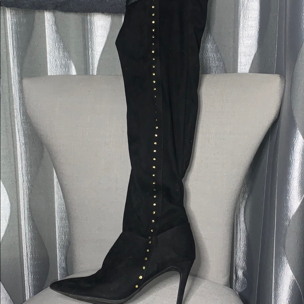Thigh high black suede boots